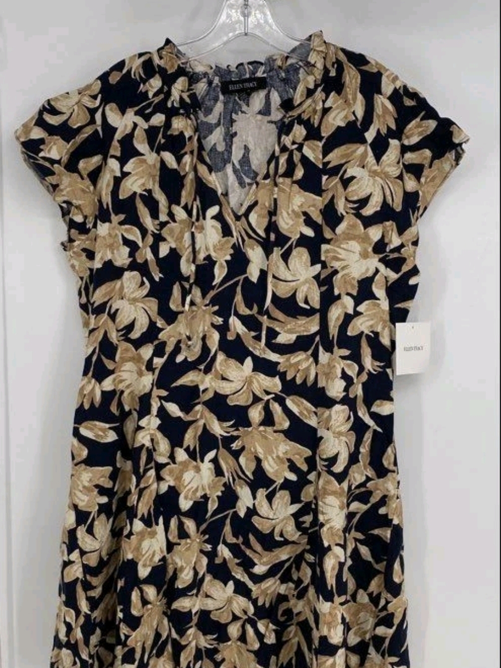 Ellen Tracy Navy and Beige Floral V-Neck Dress